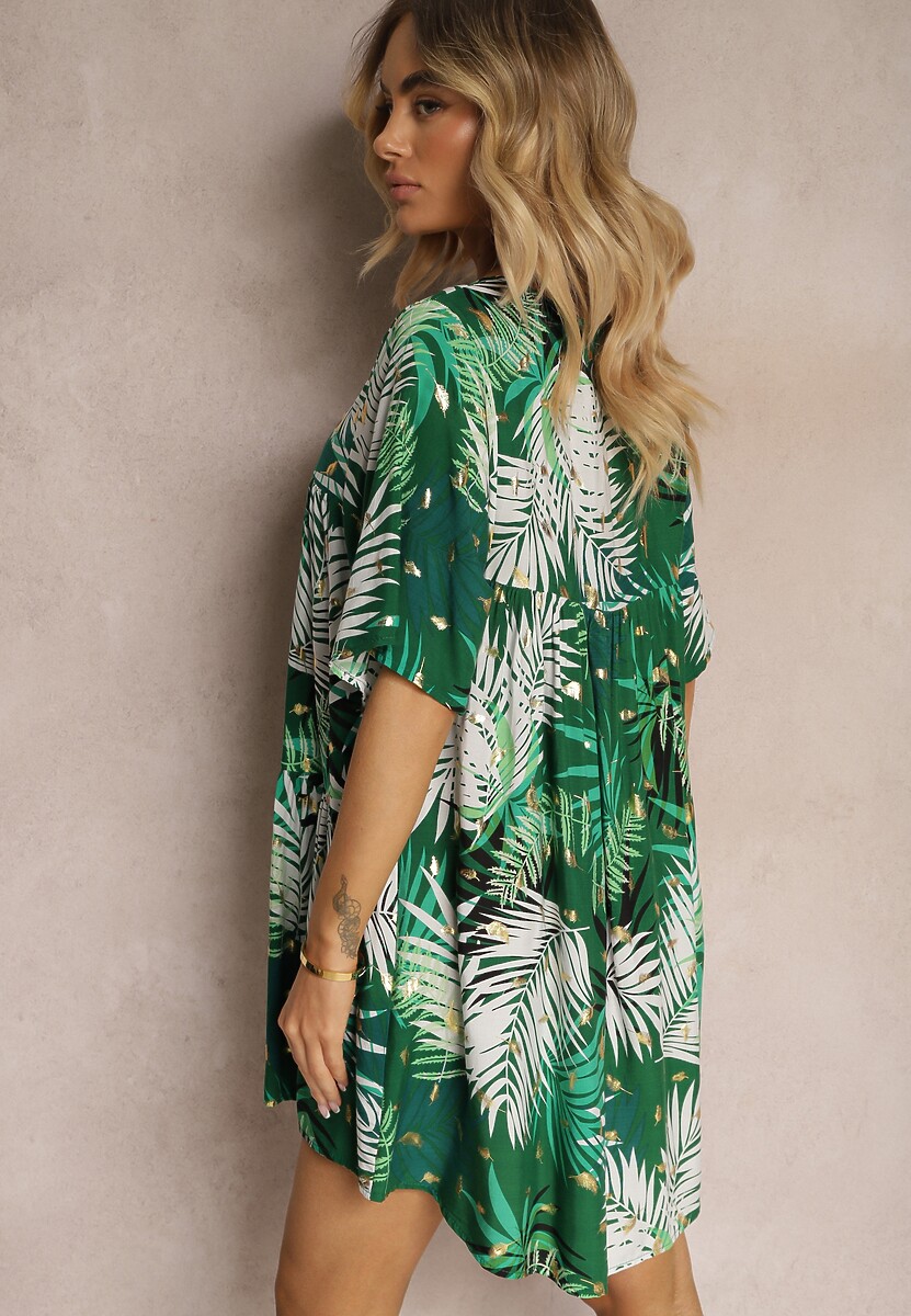 Rochie Alb-Verde Cloș cu Volan și Decolteu Triunghiular Tiamaya 3