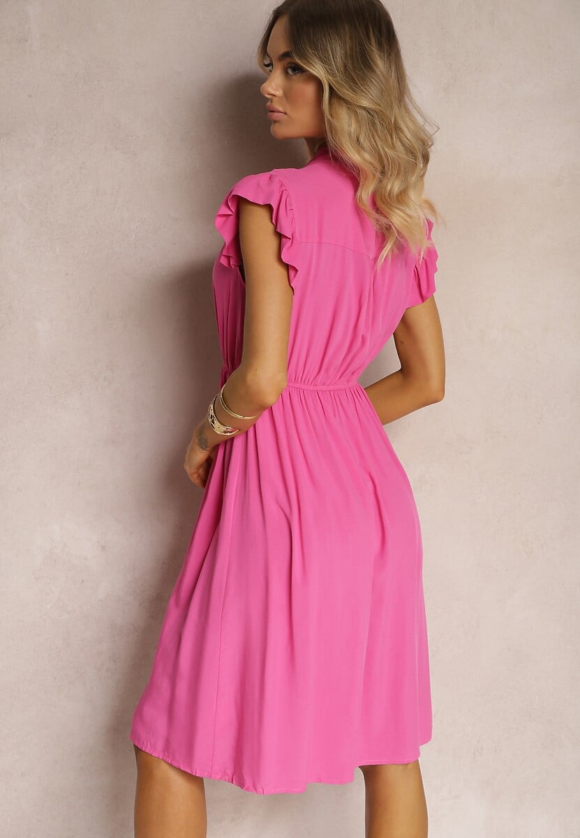 Rochie fucsia cloș cu elastic în talie și legătură la decolteu Naque 3