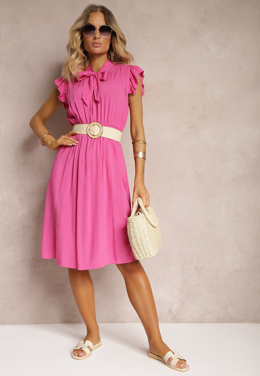Rochie fucsia cloș cu elastic în talie și legătură la decolteu Naque 2