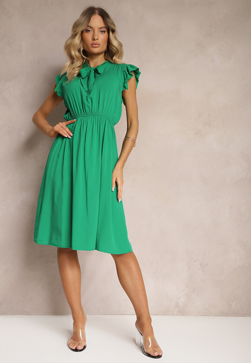 Rochie verde închis evazată cu elastic în talie și legătură la decolteu Naque 2