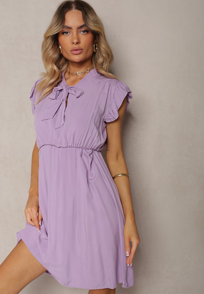 Rochie Violetă Cloș cu Elastic în Talie și Fundă la Decolteu Naque 1