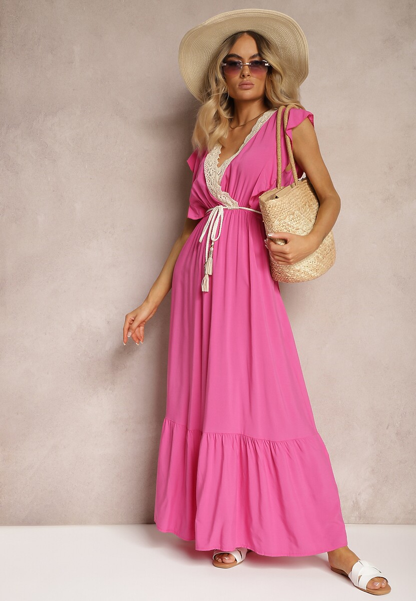 Rochie Fucsia din Bumbac și Viscoză cu Decolteu Tip Înfășurare cu Elastic și Șnur în Talie Terin 2