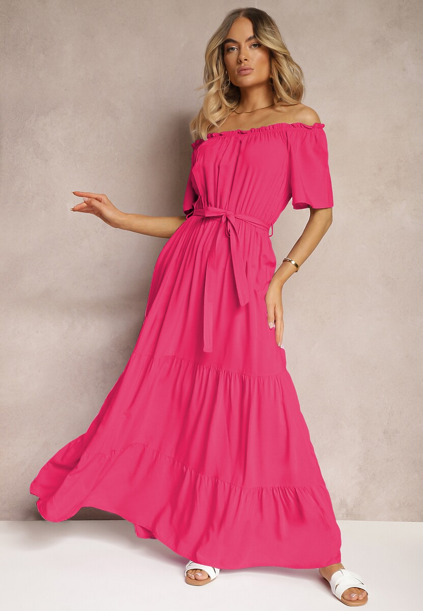 Rochie Fucsia Spaniolă cu Elastic în Talie și Curea din Material Tiamanda 1