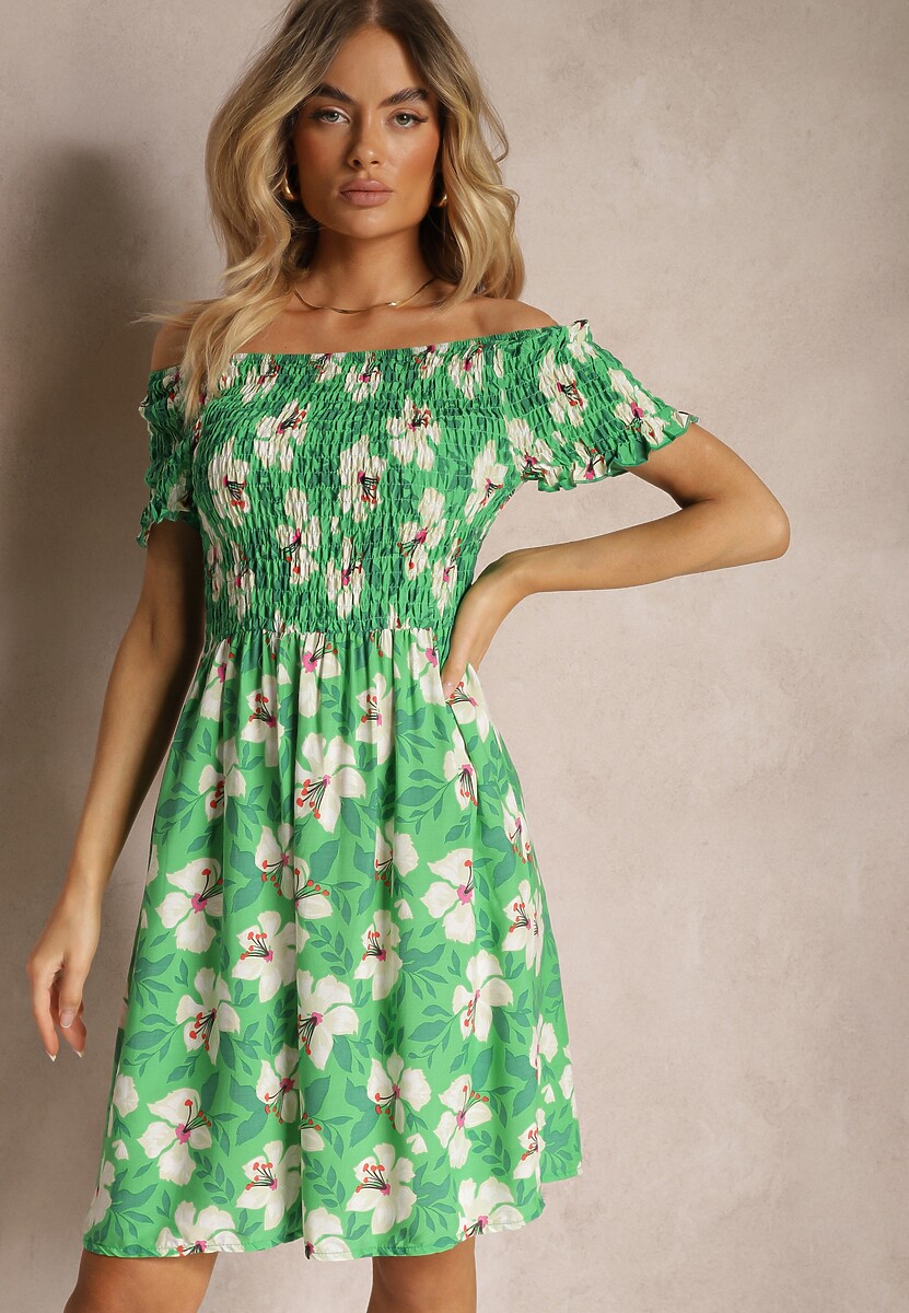Rochie Verde Clos Spaniegola cu Elastic in Talie cu Flori Nametris 1