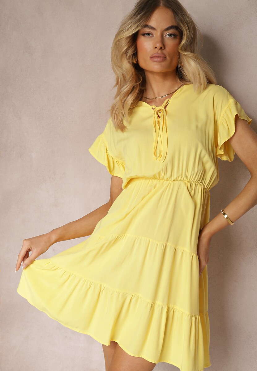 Rochie Galbenă cu Fundă din Material cu Elastic în Talie și Volan Tiamari 1