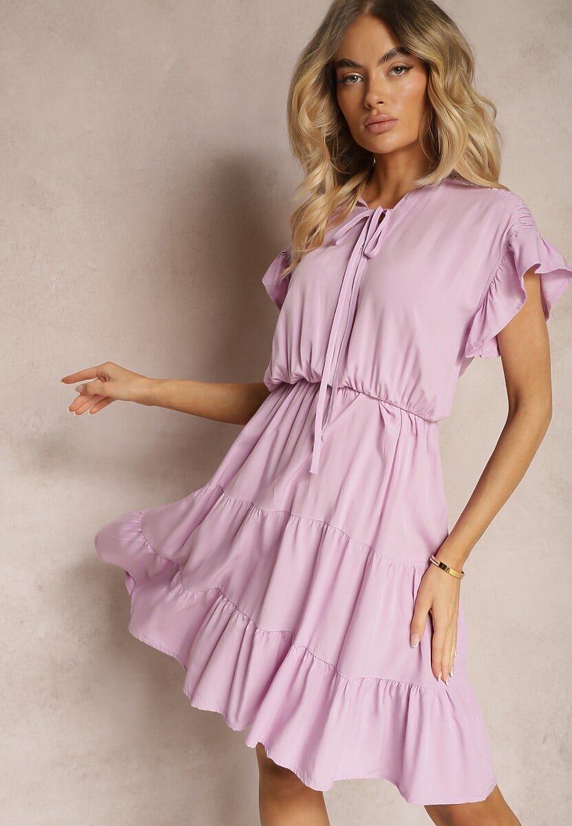 Rochie Violetă Cu Curea Din Material Și Elastic În Talie Și Volan Tiamari 1