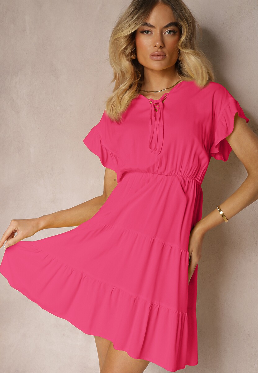 Rochie Fuchsia cu Cordon în Talie și Volan Tiamari 1