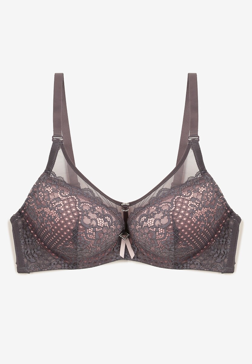 Sutien push-up gri-roz cu dantelă decorat cu aplicație metalică Arissta 2