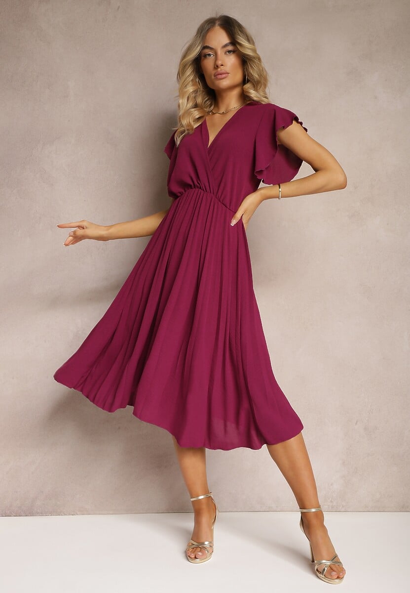 Rochie bordo cu decolteu triunghiular cu elastic în talie cu croi plisat Doetta 1