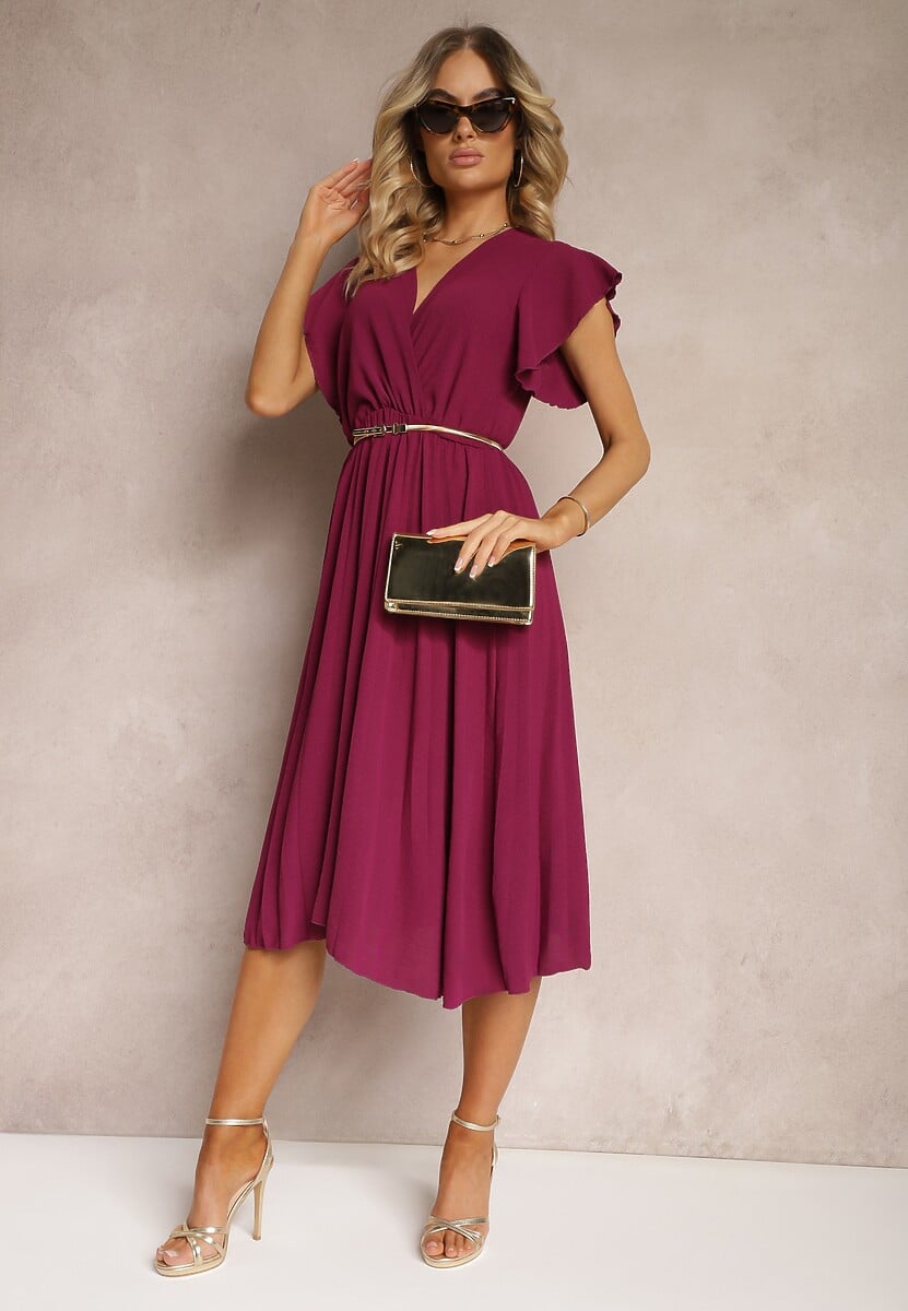 Rochie bordo cu decolteu triunghiular cu elastic în talie cu croi plisat Doetta 2
