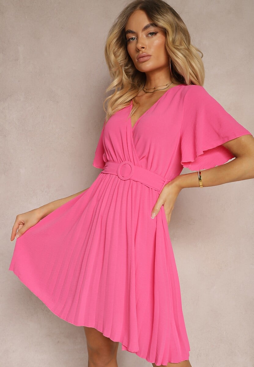 Rochie Fucsia Pliată cu Curea și Decolteu Tip Petrecere Azaleea 1