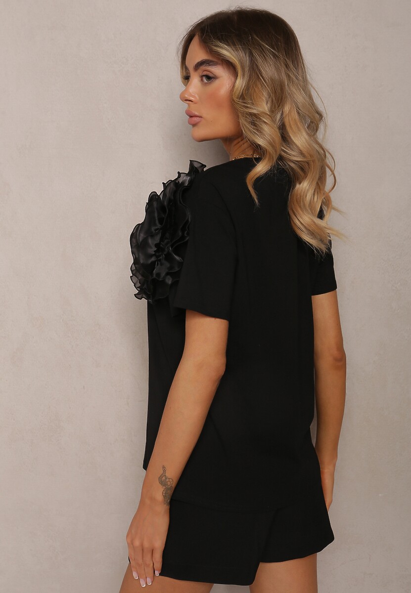 Tricou Negru din B bumbac cu M mânecă S scurtă și Floare Decorativă Krissas 3