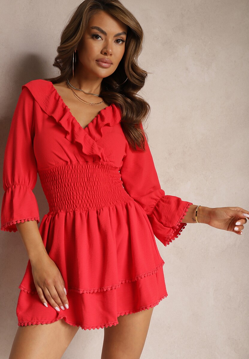 Rochie Tesora Roșie tip Plic cu Volan Decorativ și Elastic în Talie 1