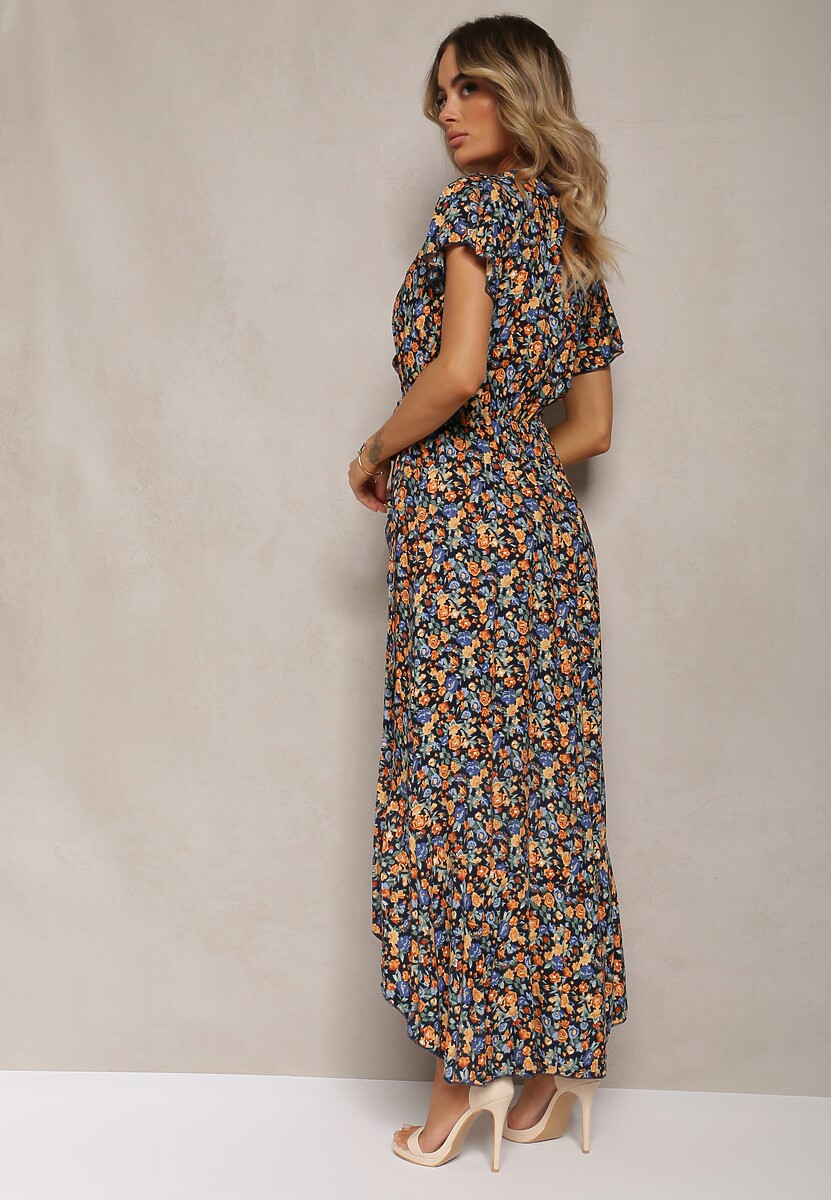 Rochie Negru-Albastru din Bumbac în stil Curea în Talie cu Imprimeu Floral Risalline de la 3
