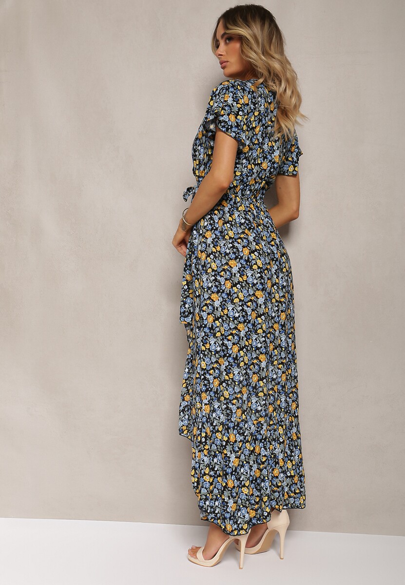 Rochie înveleopată din bumbac cu print floral Risalline în nuanțe de grenadă și galben cu cordon în talie 3