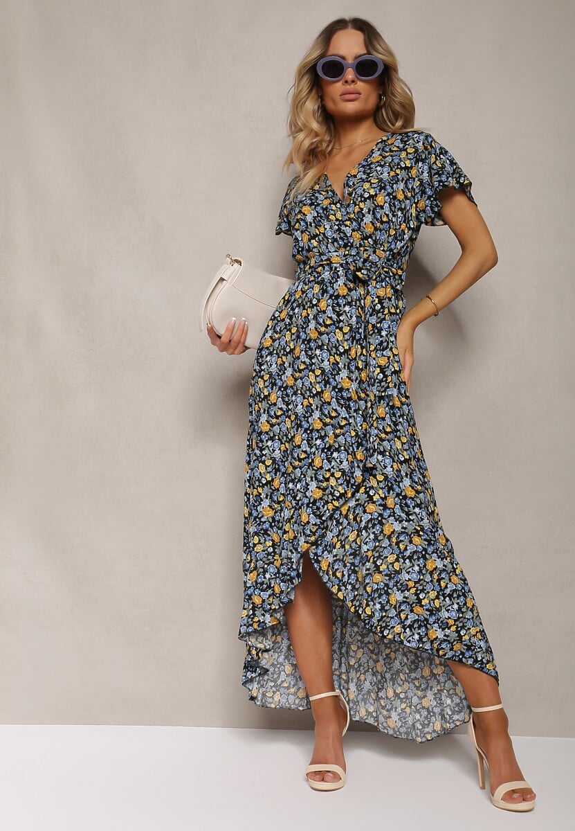 Rochie înveleopată din bumbac cu print floral Risalline în nuanțe de grenadă și galben cu cordon în talie 2