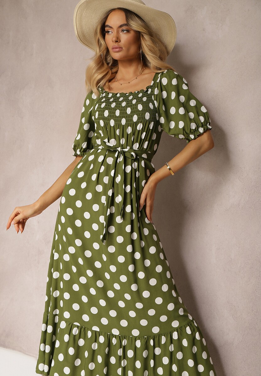 Rochie Verde Închis din Bumbac cu Decolteu Încrețit și Curea din Material Tesaya 2