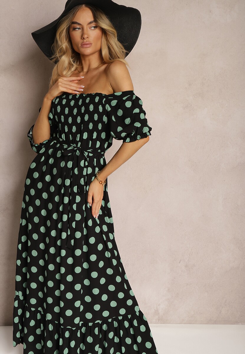 Rochie din Bumbac Neagră-Verde cu Decolteu Încretat și Curea din Material Tesaya 1
