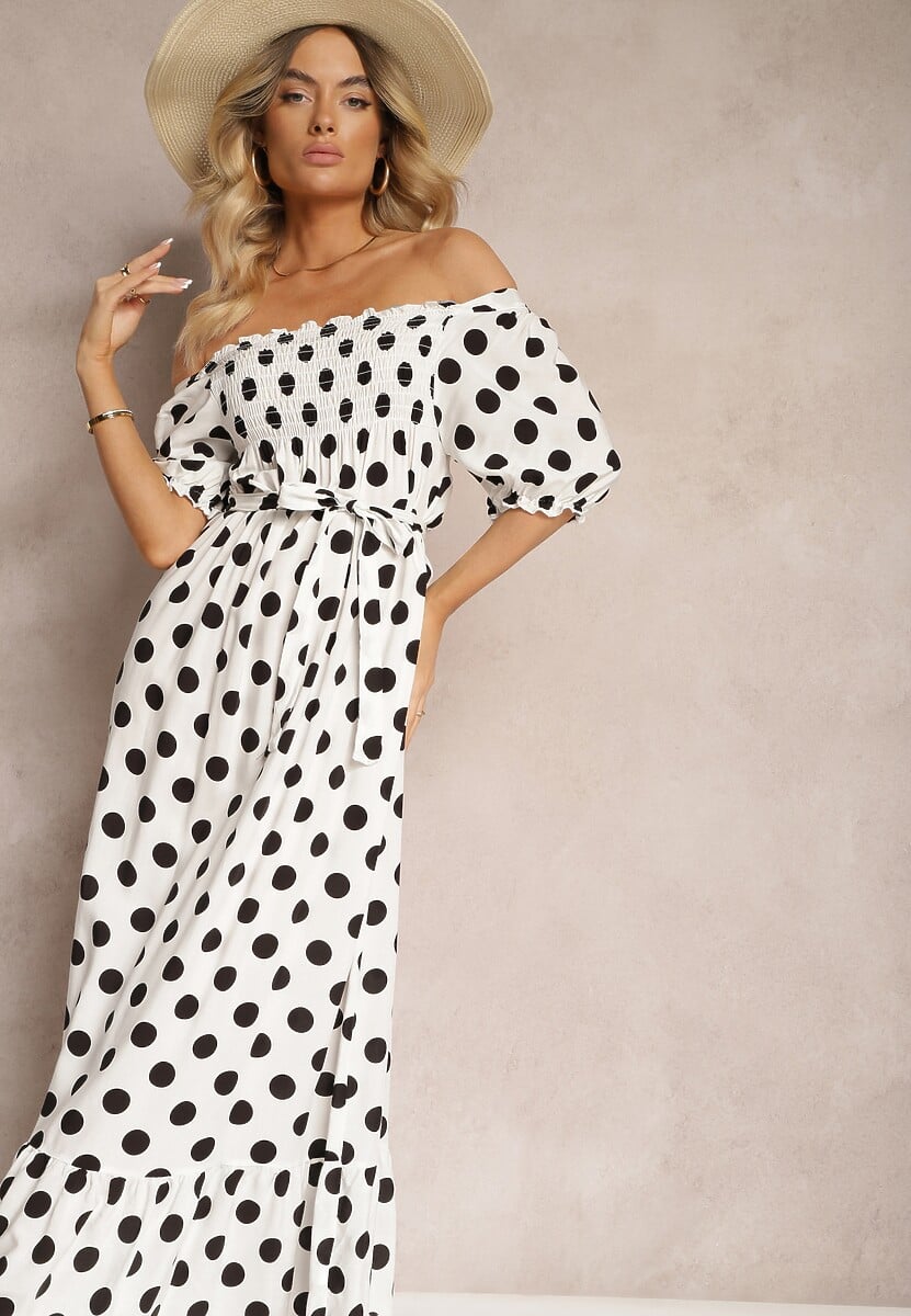 Biało-Czarna Bawełniana Sukienka z Marszczonym Dekoltem i Materiałowym Paskiem Tesaya 1