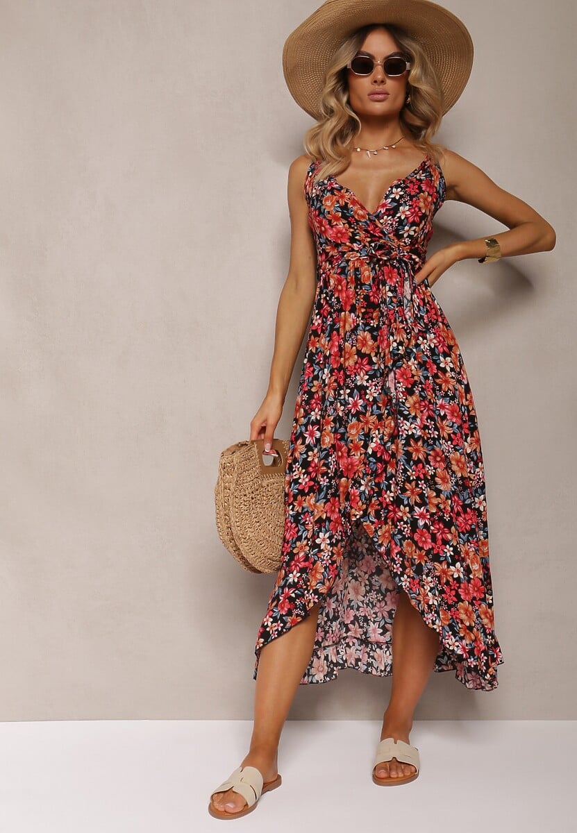 Rochie Neagră-Portocalie Tip Plic din Bumbac cu Imprimeu Floral pe Bretele Rissanda 3