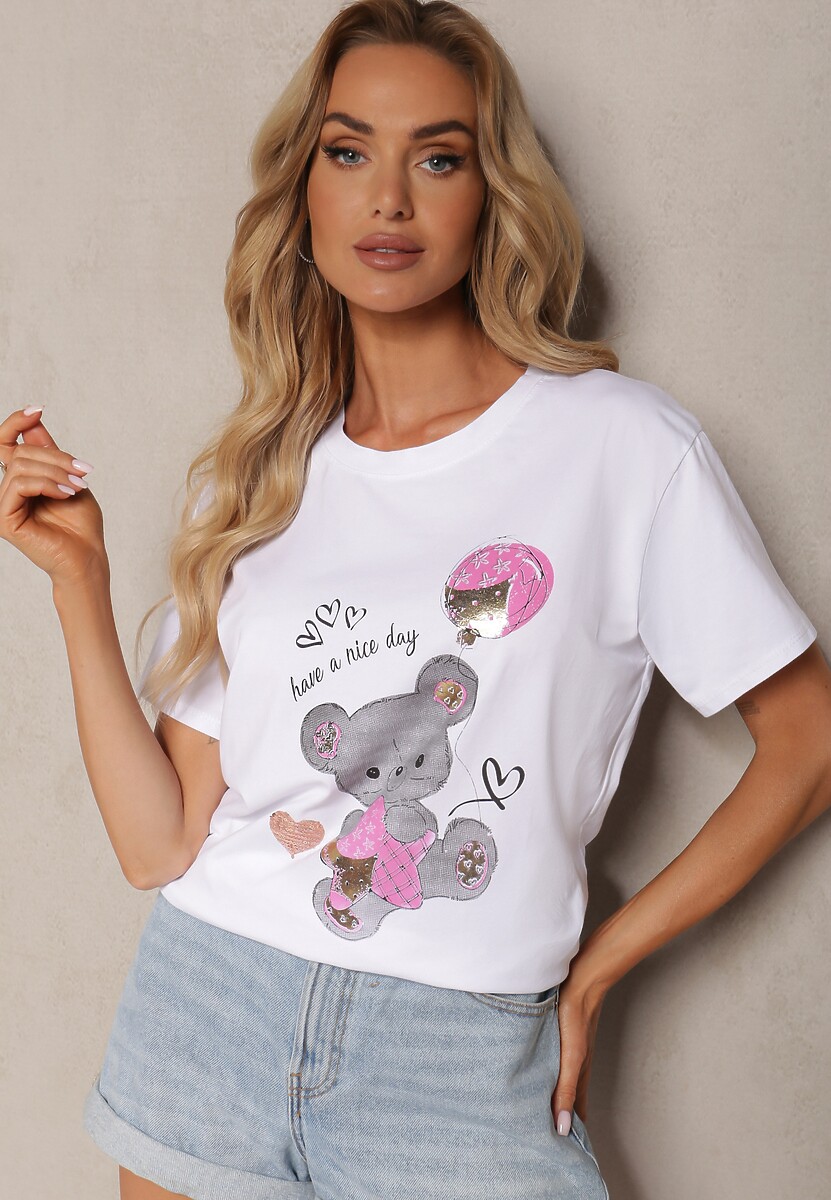 Tricou din Bumbac Alb-Roz cu Mânecă Scurtă și Imprimeu Risaette 1