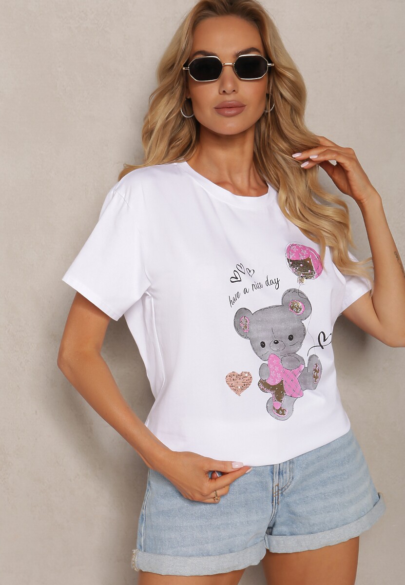 Tricou din Bumbac Alb-Roz cu Mânecă Scurtă și Imprimeu Risaette 2