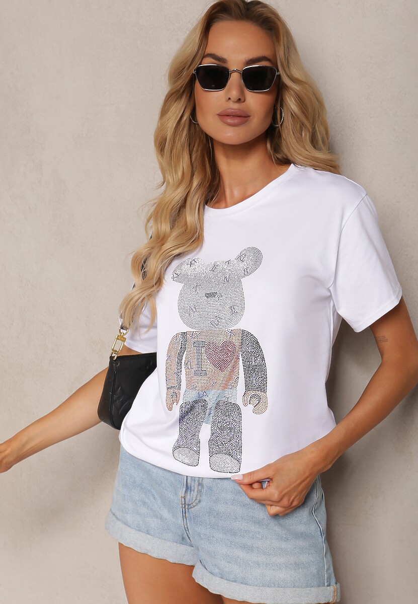Tricou Alb din Bumbac cu Mânecă Scurtă și Pietre Risarie 2