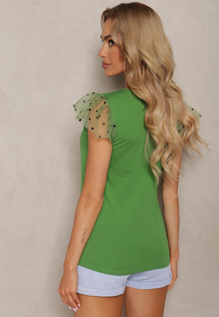 Top Verde din Bumbac cu Plasă Decorativă pe Umeri Tilefia 3