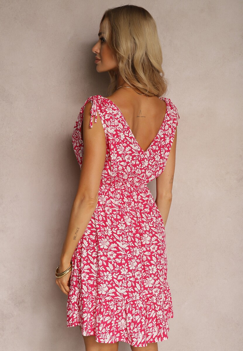 Rochie Fucsia din Bumbac cu Bretele Groase cu Elastic în Talie Încheiată cu Nasturi Tessri 3