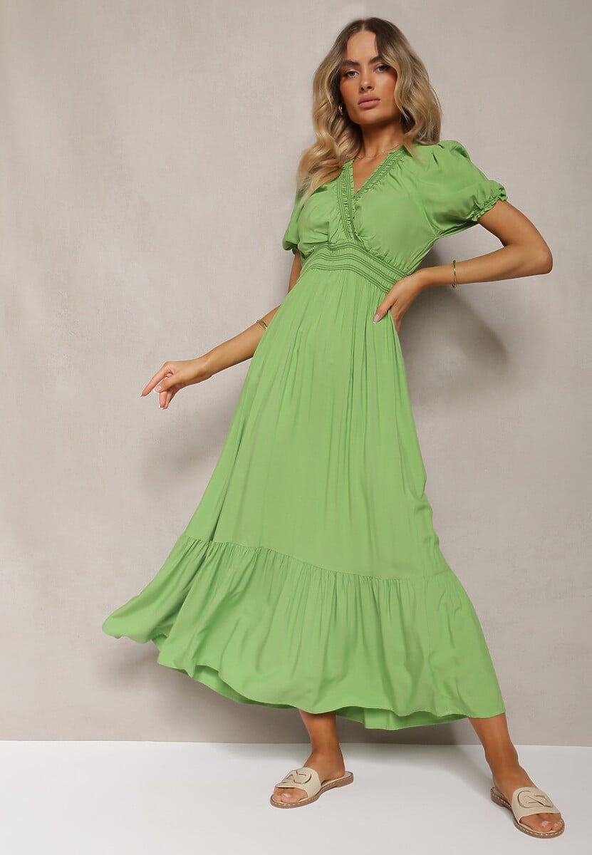 Rochie verde deschis Boho din bumbac cu croială înfășurată Rissatina 1