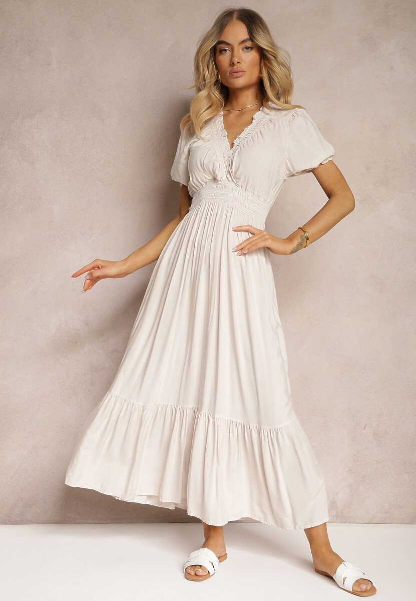 Rochie bej deschis Boho din bumbac cu croială înfășurată Rissatina 1