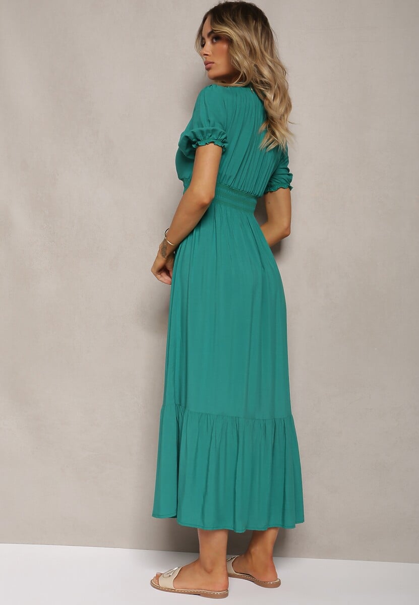 Rochie Verde Închis Boho din Bumbac cu Decolteu Petrecut Rissatina 3
