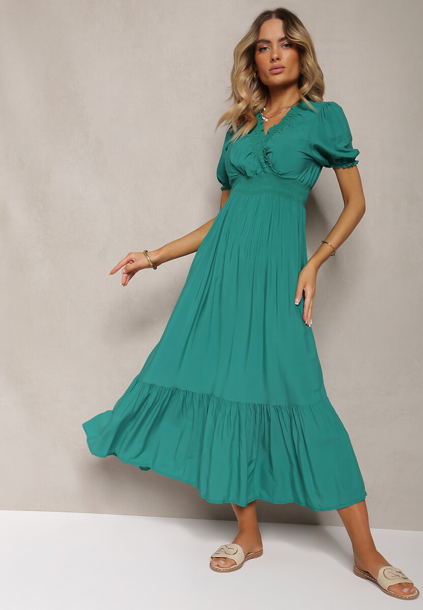 Rochie Verde Închis Boho din Bumbac cu Decolteu Petrecut Rissatina 1