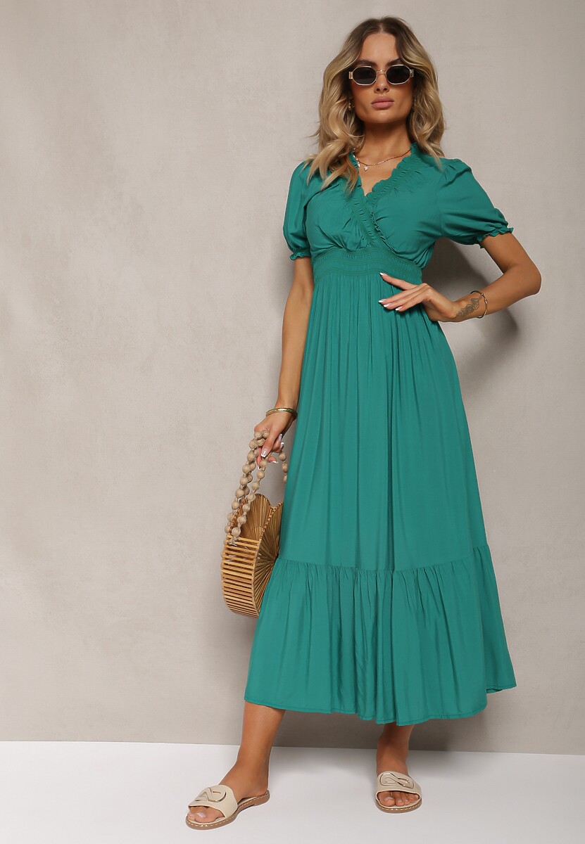 Rochie Verde Închis Boho din Bumbac cu Decolteu Petrecut Rissatina 2