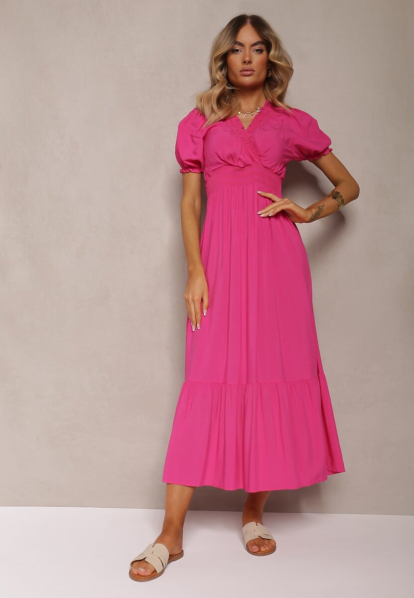 Rochie fucsia boho din bumbac cu croială tip wrap Rissatina 1