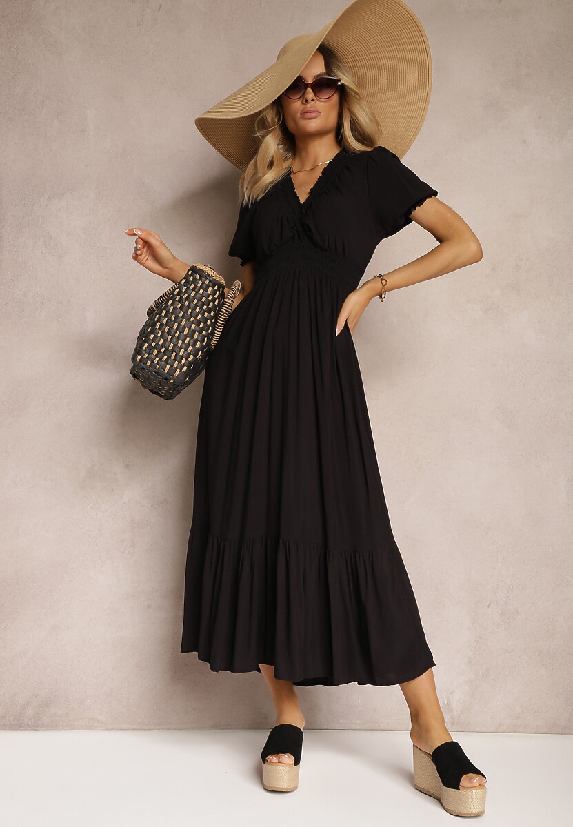 Rochie neagră Boho din bumbac cu croială înfășurată Rissatina 2