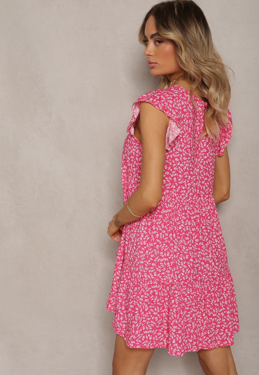 Fuksjowa Rozkloszowana Sukienka z Bawełny Ozdobiona Falbanką Crisandra 3