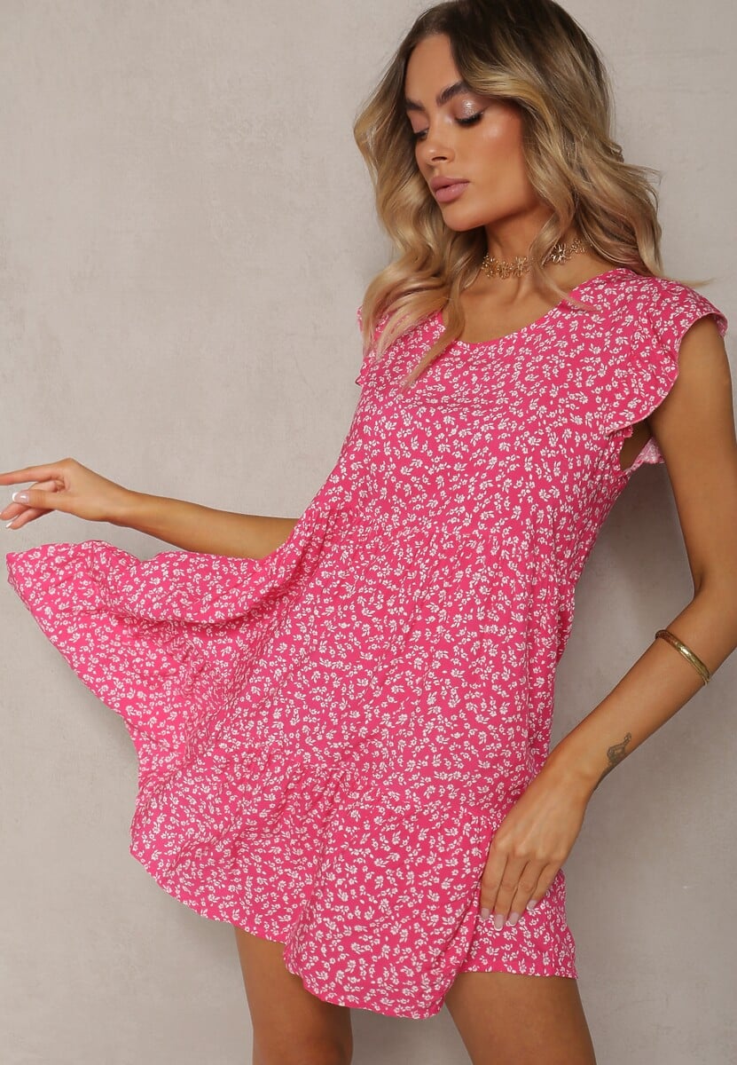 Fuksjowa Rozkloszowana Sukienka z Bawełny Ozdobiona Falbanką Crisandra 1