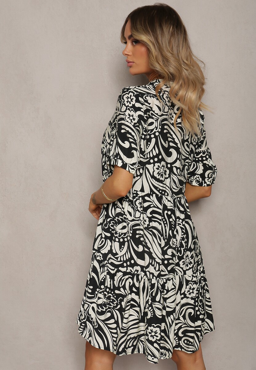 Rochie Alb-Negru cu Bumbac și Viscoză cu Curea de Legat și Volan Dimttri 3