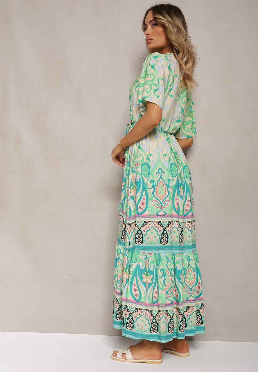 Rochie verde boho din viscoză cu nasturi decorativi și curea subțire în talie Dimosia 3