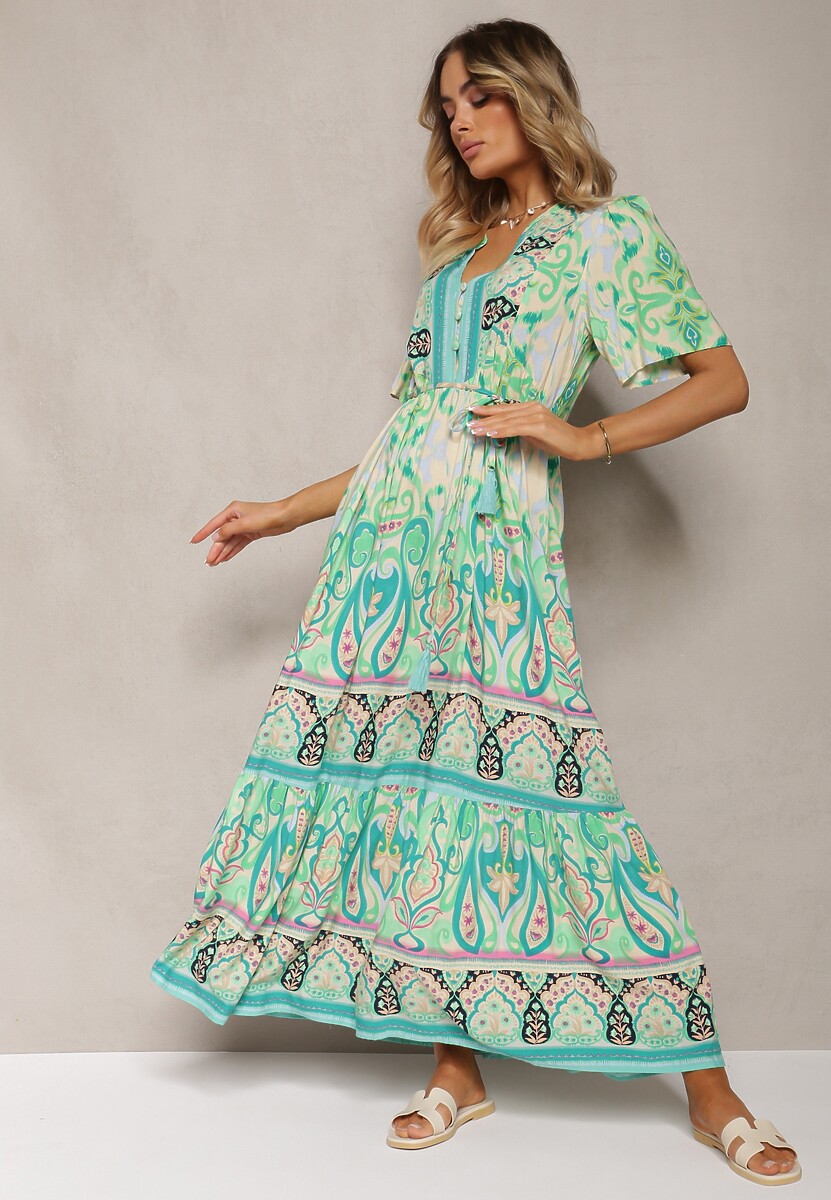 Rochie verde boho din viscoză cu nasturi decorativi și curea subțire în talie Dimosia 1