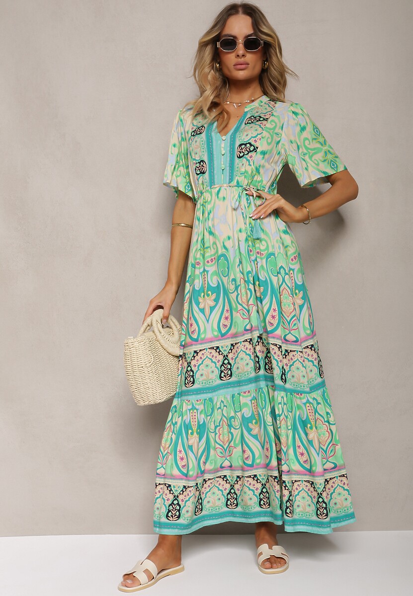 Rochie verde boho din viscoză cu nasturi decorativi și curea subțire în talie Dimosia 2