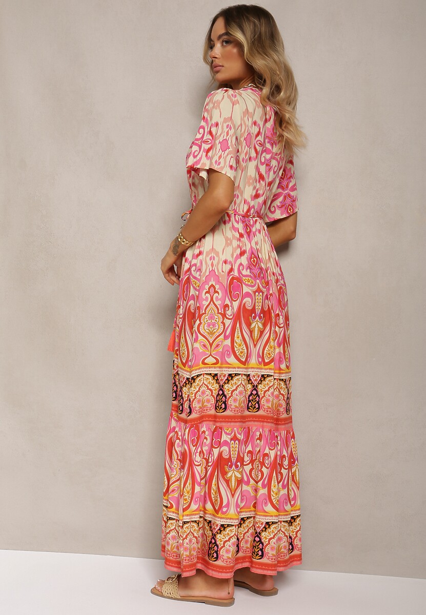 Rochie Boho Roșie din Viscoză cu Nasturi Decorativi și Curea Subțire în Talie Dimosia 3