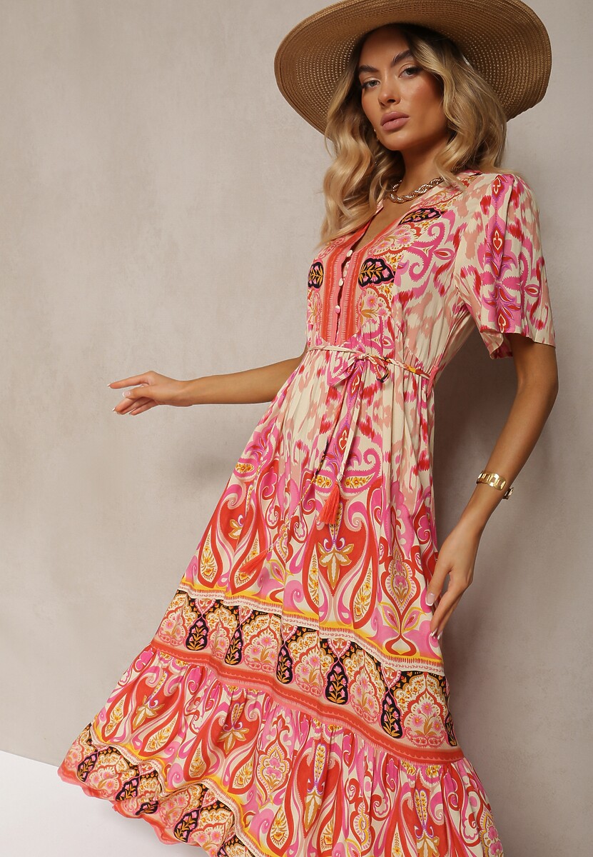 Rochie Boho Roșie din Viscoză cu Nasturi Decorativi și Curea Subțire în Talie Dimosia 1