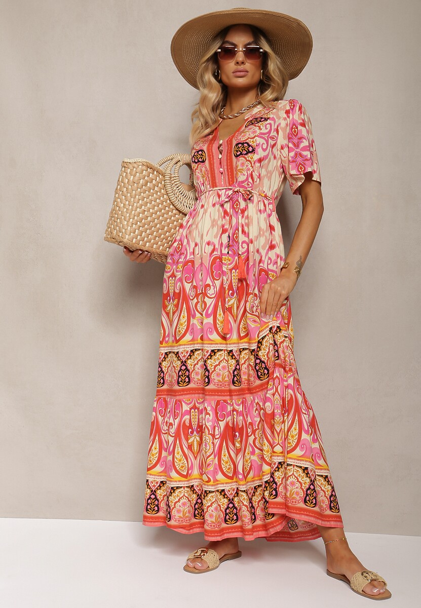 Rochie Boho Roșie din Viscoză cu Nasturi Decorativi și Curea Subțire în Talie Dimosia 2