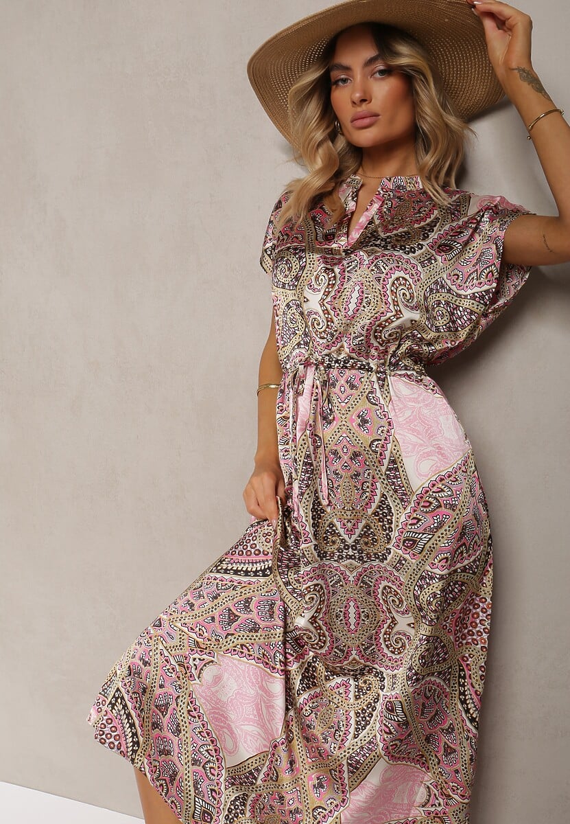 Rochie roz-verde boho cu croi evazat strânsă în talie Dimirrah 2