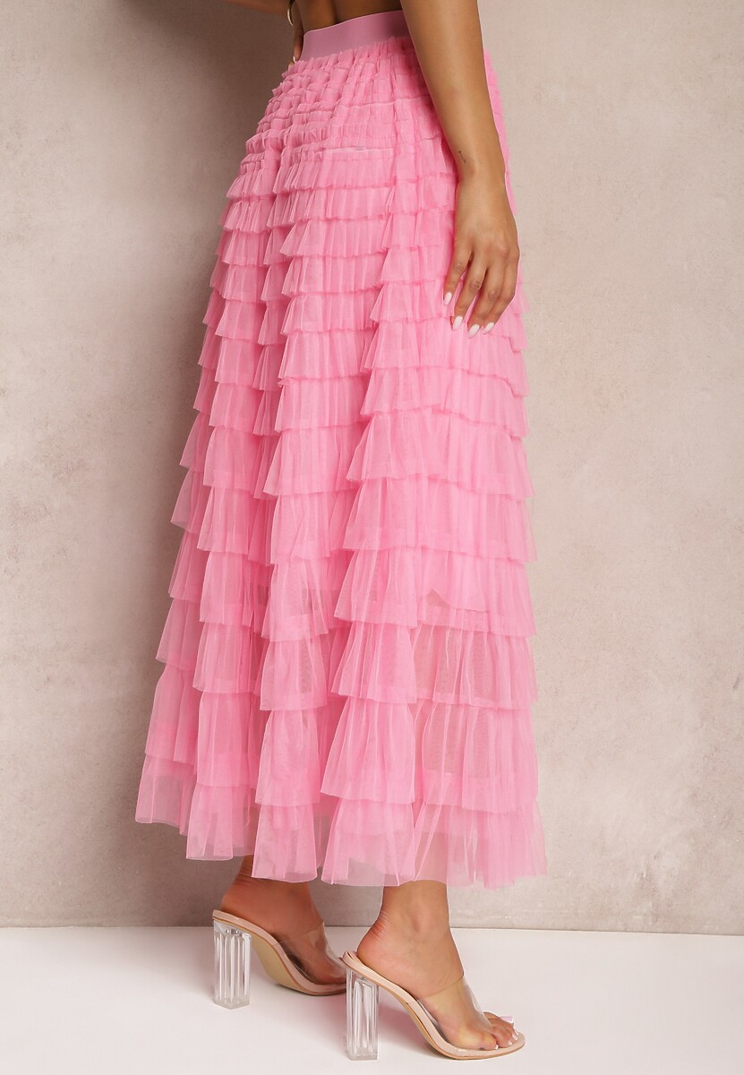 Fustă Roz Tulle cu Elastic în Talie Decorată cu Volane Missalisha 3