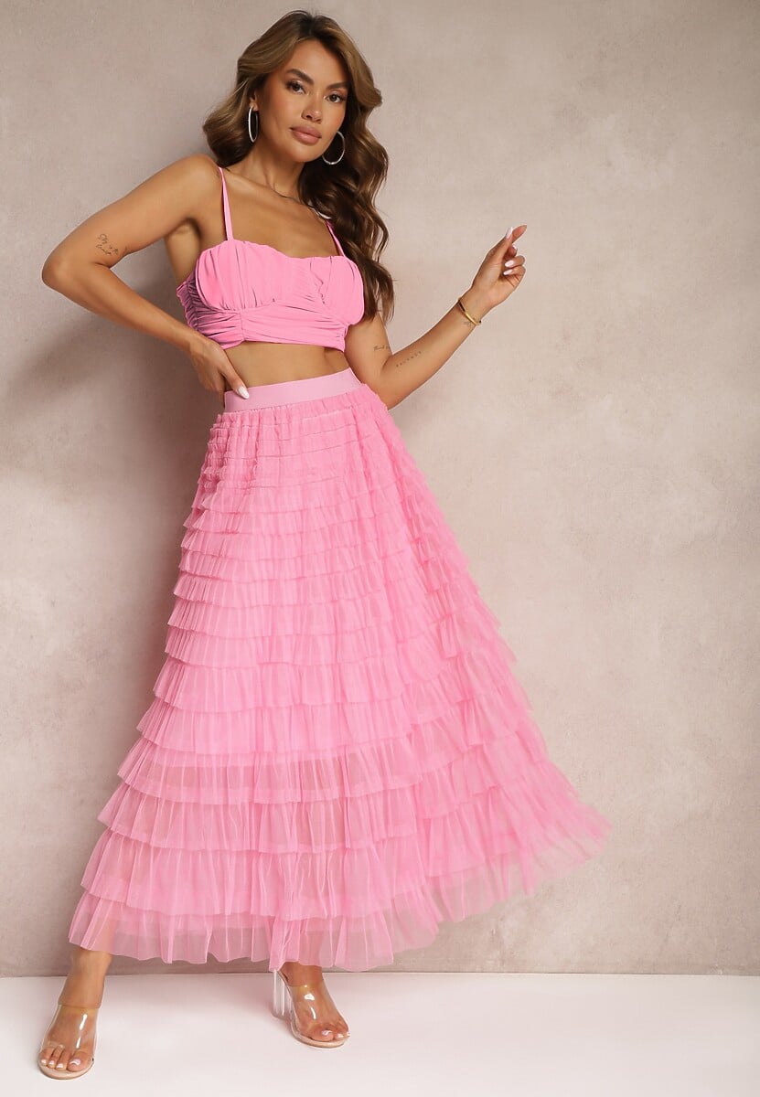 Fustă Roz Tulle cu Elastic în Talie Decorată cu Volane Missalisha 1