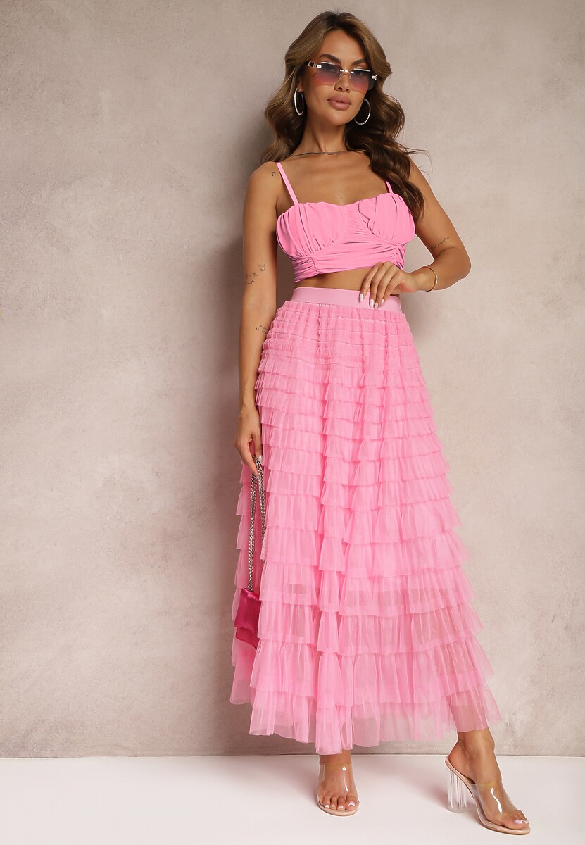 Fustă Roz Tulle cu Elastic în Talie Decorată cu Volane Missalisha 2