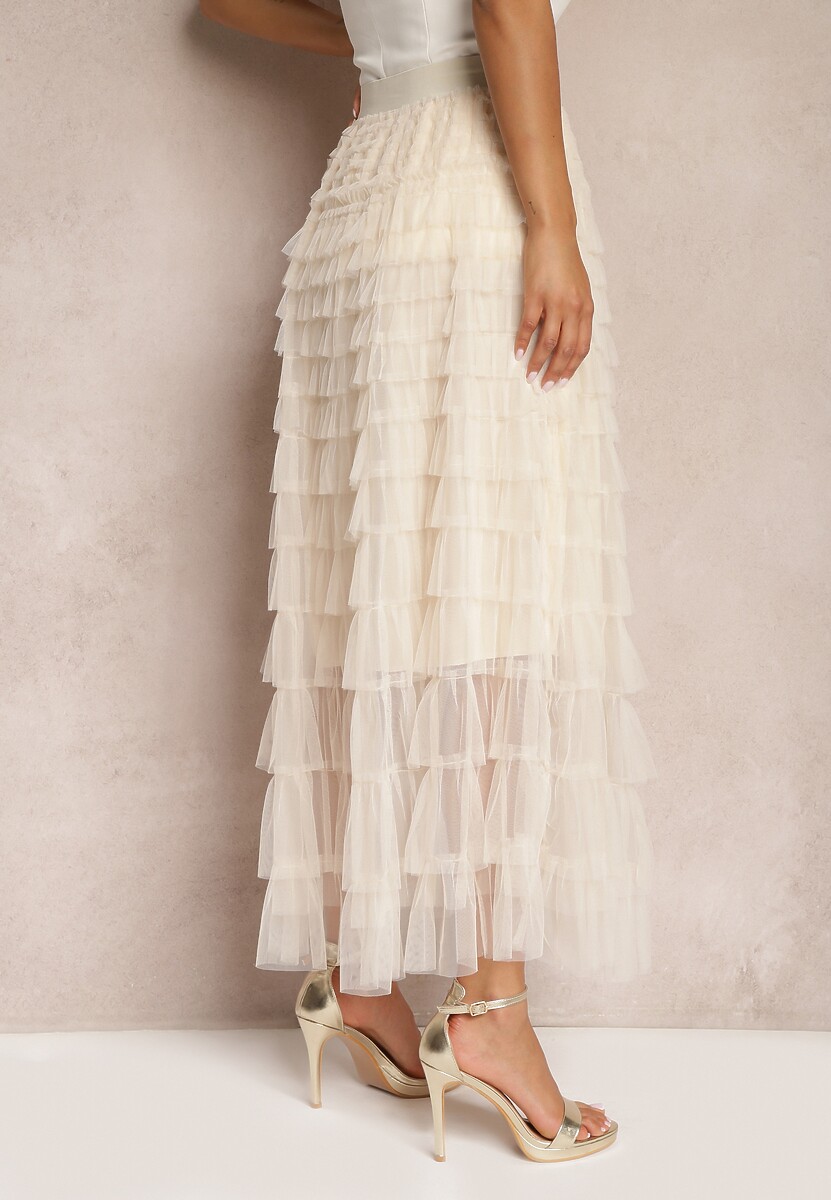 Fustă Tulle Bej Deschis cu Elastic în Talie Decorată cu Volane Missalisha 3